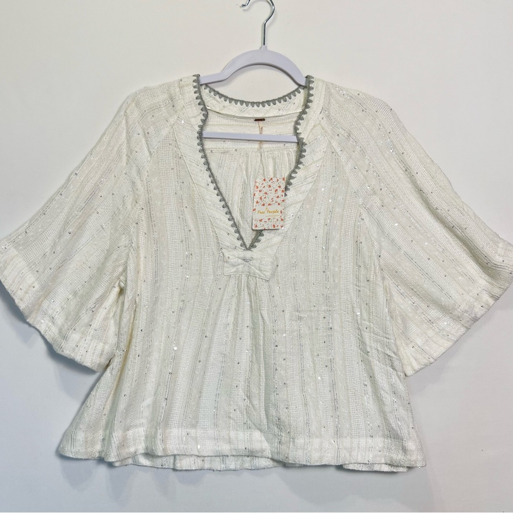 NEW Free People Boho Tunic Blouse size XS White Silver Sequin Shimmer